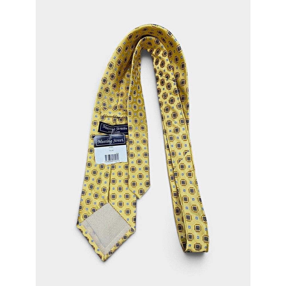 Meeting Street Men's 100% Silk Woven Tie Pointed Yellow Blue Brown Geometric